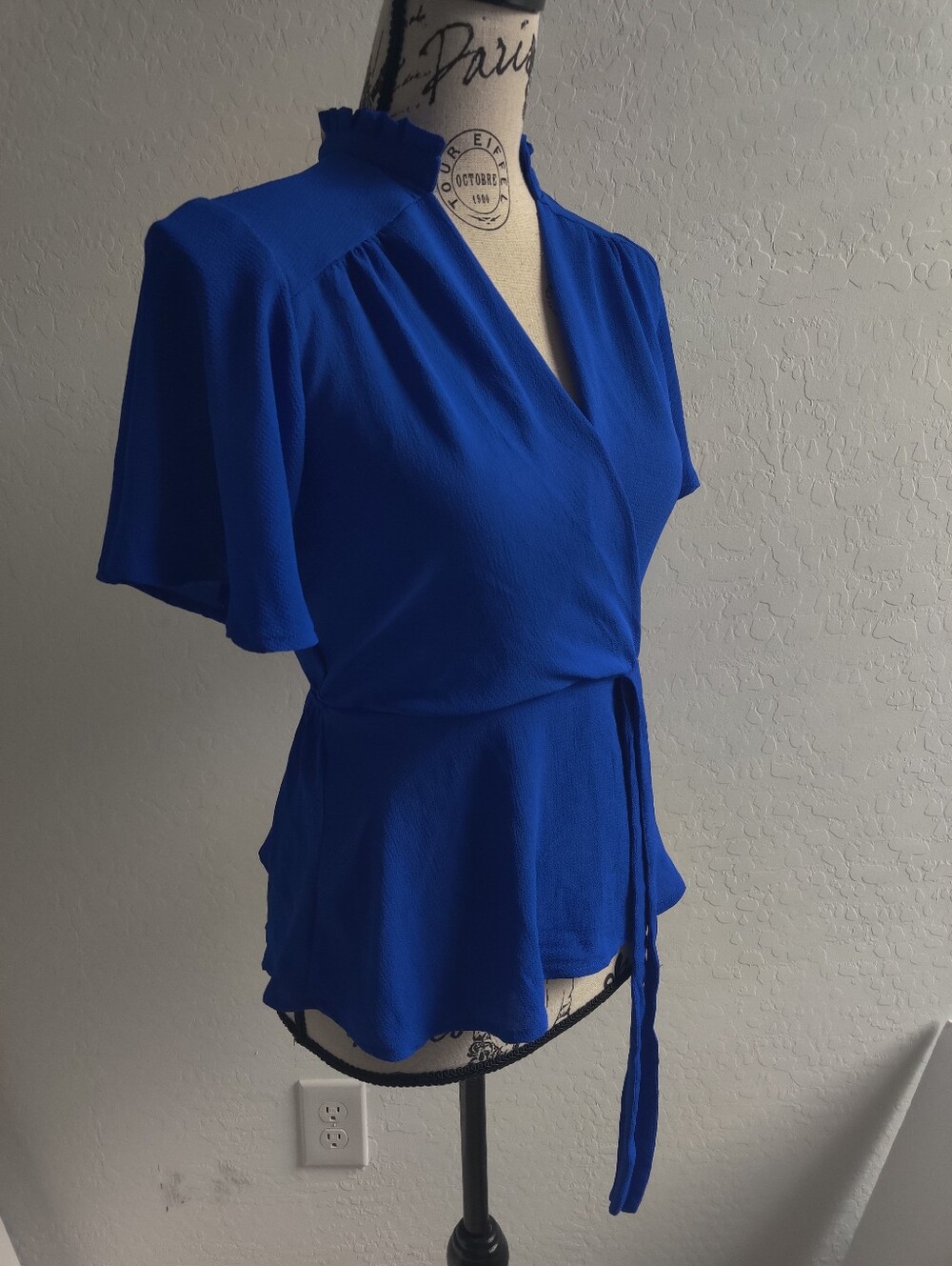 🆕 Monteau Royal Blue High Collar Flutter Sleeves Wrap Style Peplum Top_Small - Picture 4 of 9